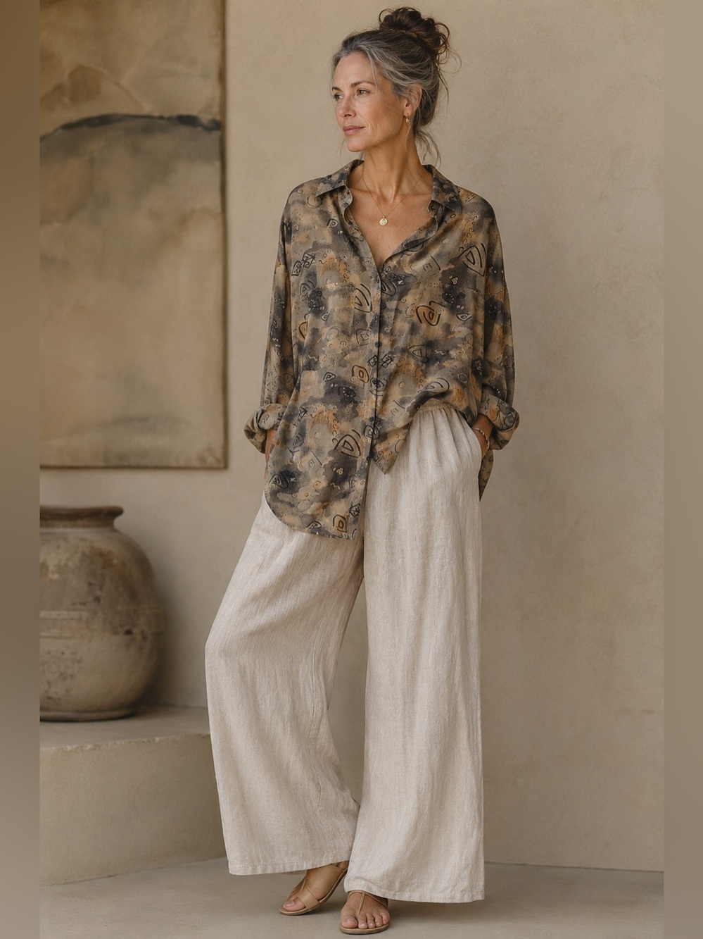 Vintage Tussah Silk Abstract Oversized Button-Up Blouse XL 2X Wearable Art